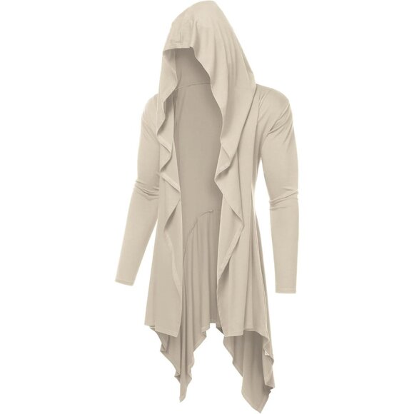 Men's Light Khaki Long Hooded Cardigan Ruffle Shawl Collar Lightweight Overcoat